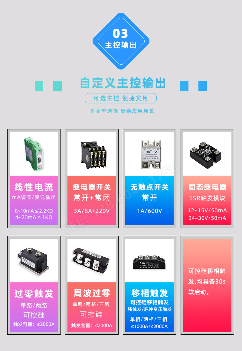 mA調節、交流接觸器、固态繼電器、可控矽過零/周波過零/移相觸發