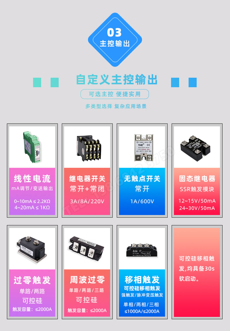 主控輸出-mA電流調節/交流繼電器/固态繼電器/可控矽、過零、周波過零、移相觸發