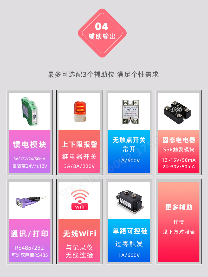 輔助輸出；報警開關量、mA變送、RS485/232通訊